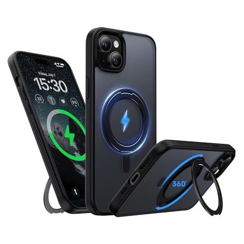 Coque iPhone 15 antichoc de 6,1" avec anneau rotatif 360° et béquille militaire noir