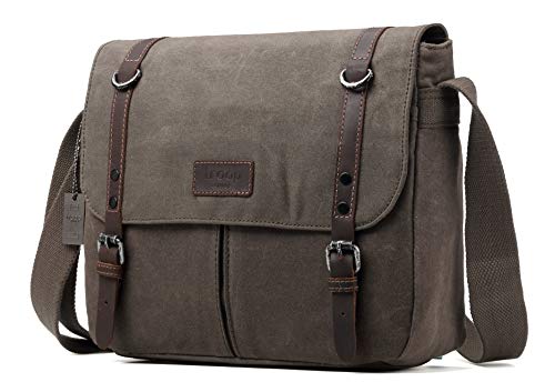 Troop London Heritage Canvas Leather Messenger Bag, Canvas Leather Satchel, Tablet Friendly Shoulder Bag TRP0426 (Olive)