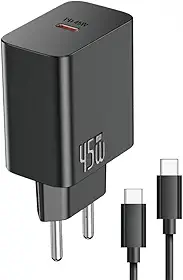 Carregador 45W com Cabo Dual Type-C, Turbo Power Delivery, Carregamento Rápido para Celulares, Notebook e Tablet, Carregador de Parede Preto, Certificado Anatel