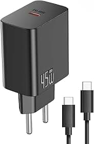 Carregador 45W com Cabo Dual Type-C, Turbo Power Delivery, Carregamento Rápido para Celulares, Notebook e Tablet, Carregador de Parede Preto, Certificado Anatel