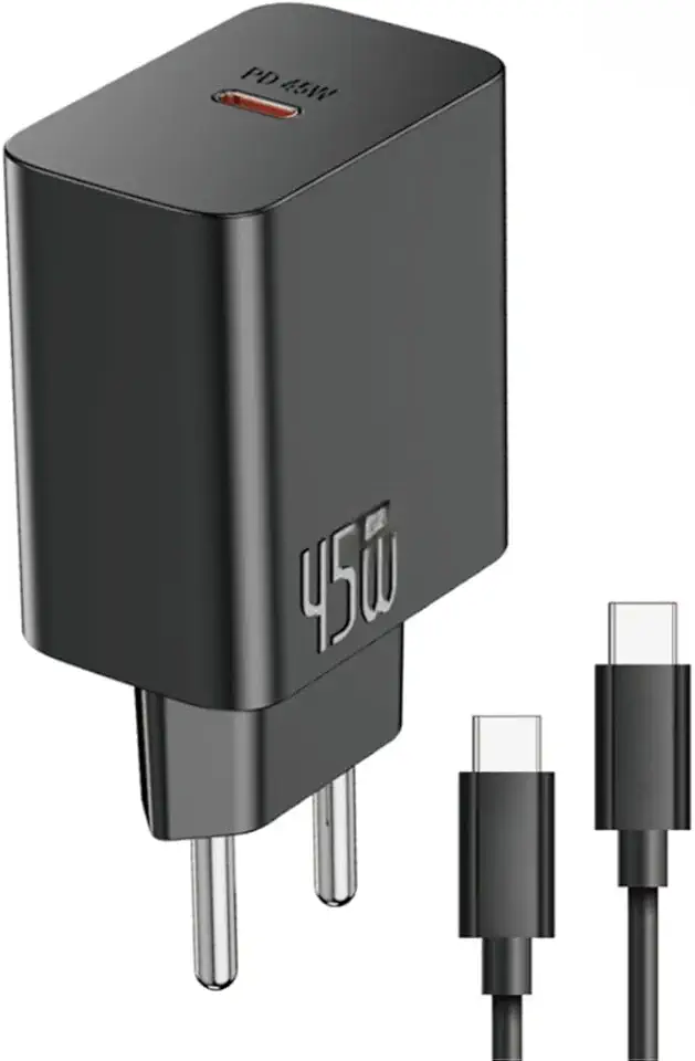 Carregador 45W com Cabo Dual Type-C, Turbo Power Delivery, Carregamento Rápido para Celulares, Notebook e Tablet, Carregador de Parede Preto, Certificado Anatel