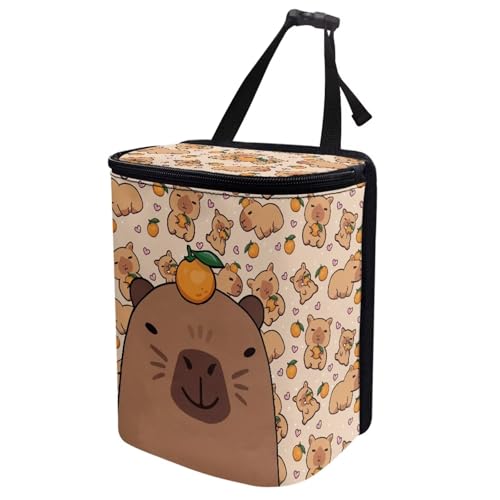 Image of Talayituse Capybara Orange Heart Print Car Trash Can with Adjustable Straps, Car Trash Bag Bin Car Garbage Bag Multipurpose Storage Box for Vehicle Travel Camping Picnicing