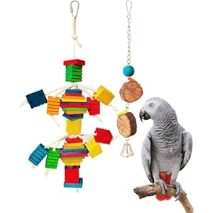 Budgie Toys Parrot Toys Hanging Pieces, Bird Chewing Toys Colorful Wooden Blocks Multi-layer, Cockatiel Toys With Unique Groove for African Grey Small Medium Parrot Decorative Bird Cage