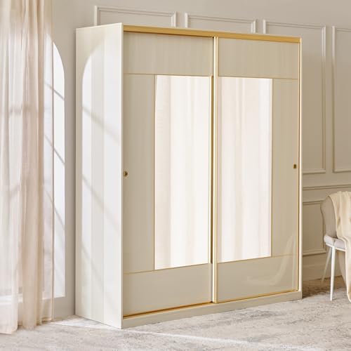 Image of Home Centre | Modern | Engineered Wood | 2 Door Sliding Wardrobes | with Mirror | Cream | 1 Year Warranty