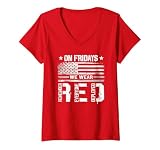 Womens On Friday We Wear Red American Flag Military Supportive V-Neck T-Shirt