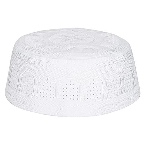 Hapivida Islamische Muslimische Mütze Weiße Stickerei Beanie Mütze Herren Muslimische Islamische Gebet Baumwolle Strickmütze 57 für Eid Ramadan Pray Eid Giftid Cover