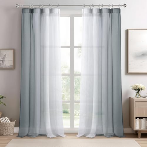 DWCN Rideau Voile Rideaux Dégradé Gris Bicolore avec Ruban Fronceur 140 x245cm (Lot de 2) Salon Système de Rail Long Léger Décoration Moderne pour...
