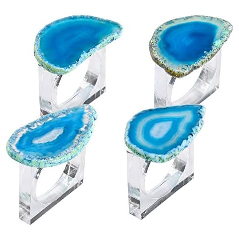 Set of 4 Agate Napkin Rings, WarmHut Natural Agate Slice with Acrylic Square Clear Napkin Rings Holder for Dinner Table Christmas Thanksgiving Holiday Parties Decoration, Blue Cover