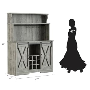 Farmhouse Coffee Bar Cabinet with 3 Tier Storage Hutch, 47'' Coffee Bar Station with Sliding Barn Door, Hutch Storage Cabinet with 9 Wine Racks & 9 Hooks for Kitchen Dining Living Room Farmhouse Coffee Bar Cabinet with 3 Tier Storage Hutch 47 Coffee Bar Station with Sliding Barn Door Hutch Storage Cabinet with 9 Wine Racks 9 Hooks for Kitchen Dining Living Room