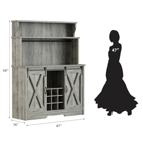 Farmhouse-Coffee-Bar-Cabinet-with-3-Tier-Storage-Hutch-47-Coffee-Bar-Station-with-Sliding-Barn-Door-Hutch-Storage-Cabinet-with-9-Wine-Racks-9-Hooks-for-Kitchen-Dining-Living-Room Farmhouse Coffee Bar Cabinet with 3 Tier Storage Hutch 47 Coffee Bar Station with Sliding Barn Door Hutch Storage Cabinet with 9 Wine Racks 9 Hooks for Kitchen Dining Living Room