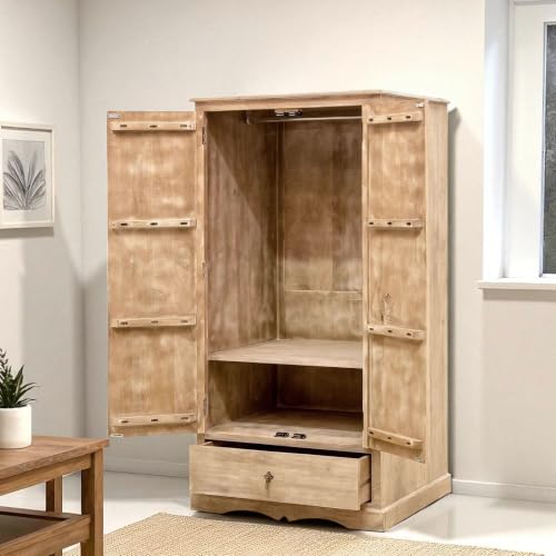 Image of The Attic Jodhpur Carving Wardrobe, Solid Wood Multiple Utility Storage, Cupboard Organiser, Clothes Organizer, Wardrobe for Clothes Wooden, almirah for Clothes Wooden, Natural + White Matte Finish