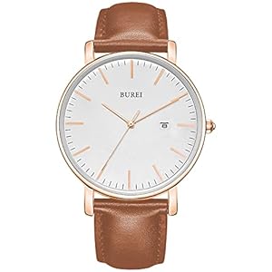 BUREI Ultra dun minimalistisch modern herenhorloge Stijlvol datum herenhorloge met klassieke, eenvoudige lederen band met groot gezicht