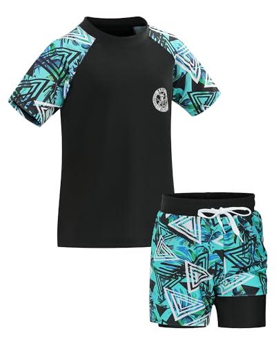 DUONITITI Boys Short Sleeve Rash Guard with Compression Liner Swim Trunks Quick Dry 2 Pieces Swimwear Set(Black,9-10 Years)