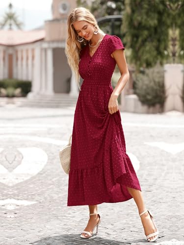 Image of PRETTYGARDEN Womens Dresses 2026 Summer Maxi Dress Boho Short Sleeve V Neck Swiss Dot Ruffle Tiered Smocked Flowy Long Dress