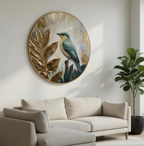 Image of SAF Bird Leaf Wall Painting with Golden PVC Frame Round Nature Art Modern Luxury Decor Elegant Bird and Foliage Design for Living Room Bedroom Office Home Gift Item (23 x 23 Inch) GR-366