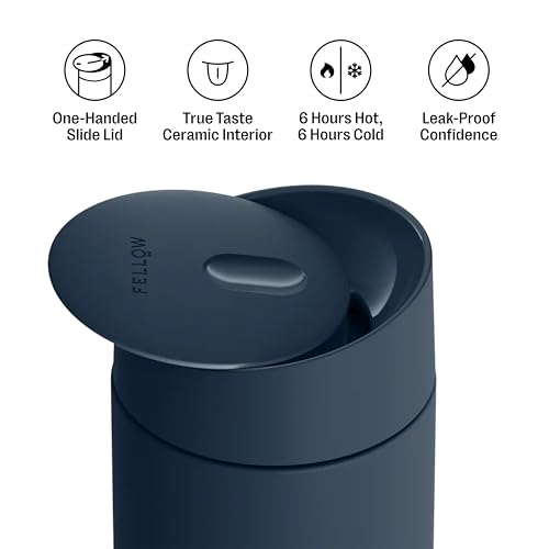 Fellow 16 oz Carter Slide Travel Mug – One-Handed Slide Lid, Vacuum Insulated Stainless Steel Tumbler with Ceramic Interior for Hot and Cold Drinks, Leak-Proof and Dishwasher Safe, Stone Blue