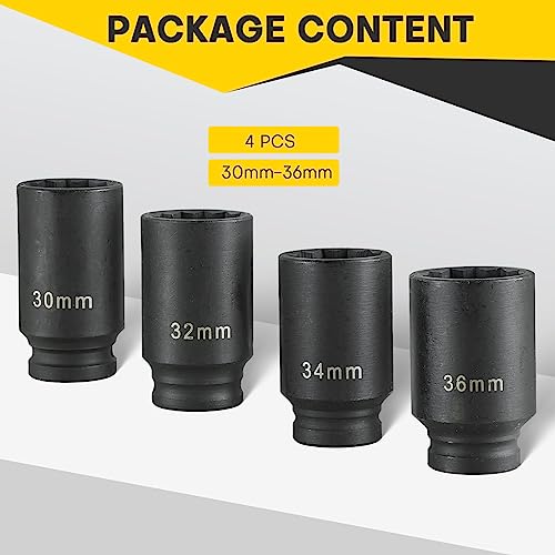 Acymner 1/2\" Drive Deep Spindle Axle Nut Impact Socket | 4 PCS Metric Axle Nut Socket Set, CR-MO, 12 Point Design, 30,32,34,36mm, 1/2 Inch Heavy Duty Deep Impact Socket Set