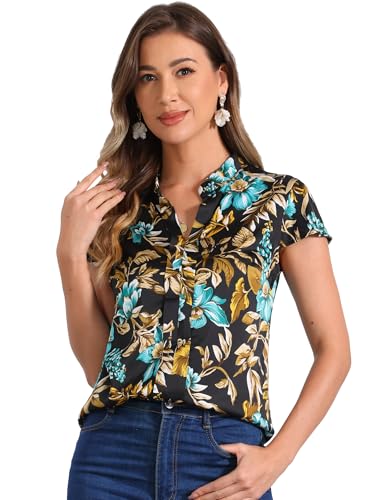 Allegra K Chemisier en Satin Femme à Fleurs Blouse de Bureau soyeuxet à col Montant Chic et élégante Noir S