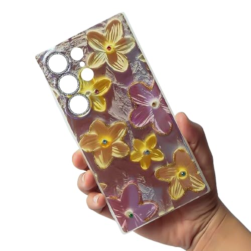 PEEPERLY Back Cover Case for Samsung Galaxy S23 Ultra Scratch Resistant Anti-Slip TPU Shockproof Protective Durable Retro Gem-Encrusted Flower Art Aesthetic Case for Girls & Women(Purple)