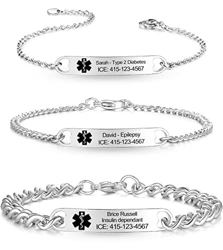Medical Alert Bracelets for Women & Men, Personalized ID Bracelets - Stainless Steel Emergency Bracelet with Free Engraving, Adjustable for Mom, Mother, Father