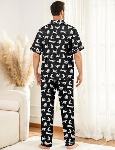 Image of SWOMOG Mens Silk Pajamas Set Satin Pj Set Short Sleeve Sleepwear Button Down Lounge Set with Drawstring & Pockets S-3XL