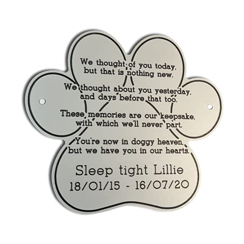 8" wide paw shape satin silver aluminium engraved nameplate. Personalised engraved memorial plaque