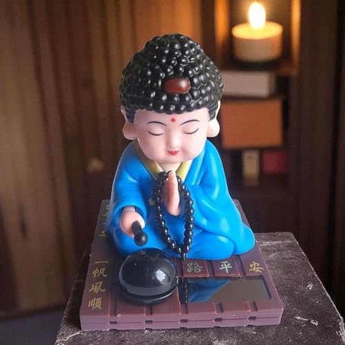 Image of Solar Powered Buddha Bobblehead Decorative Showpiece 9.5 cm | Dancing Buddha Dashboard Toy for Car Office Desk Home Decor | Automatic Solar Energy Moving Figurine (Blue)