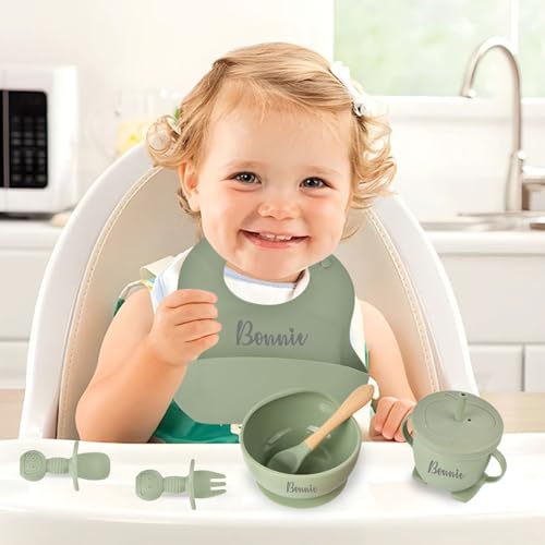Personalisiertes Silikon-Baby-Essset mit Namen, individuelles Baby-Selbstentwöhnungsset, Selbstfütterungsgeschirr mit Löffel, Gabel, Silikon-Saugnapfschale, Tasse, Teller Armeegrün