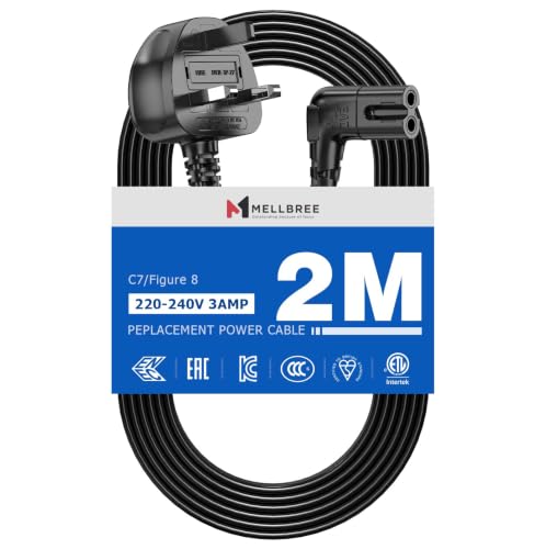 2M Power Cable Compatible with Samsumg TV Mellbree Quality Safe Right Angle Suitable for Awkward Space Figure 8 Power Cable Compatible with Samsung LG Panasonic TV Black