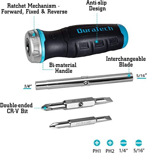 Duratech Ratcheting Screwdriver, 6-In-1 Multi-Bit Screw Driver With Phillips, Slotted Bits And Nut Driver #TOP4