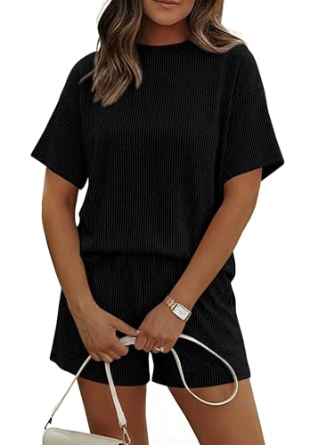 KIRUNDO 2 Piece Sets for Women Summer Lounge Set Ribbed Knit Short Sleeve Top Shorts Matching Airport Travel Vacation Outfits(Black, Small)