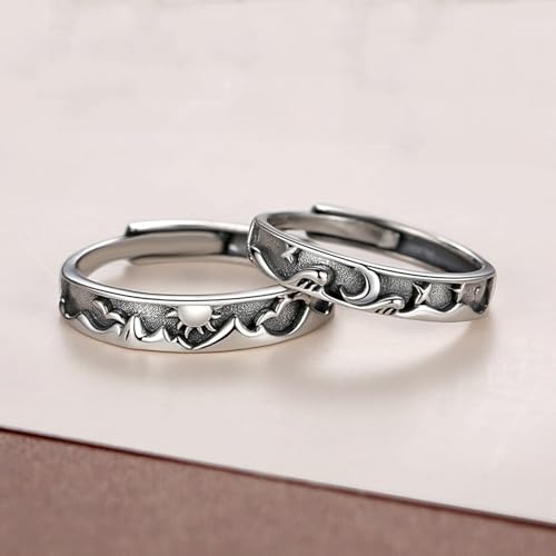 Image of Beydodo 925 Silver Rings Custom Adjustable Sun and Moon Matching Rings Engraved I Love You Couples Rings Wedding