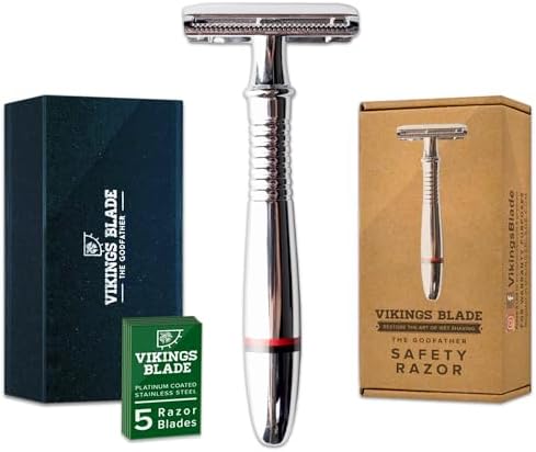 VIKINGS BLADE Double Edge Safety Razor for Men + 5 Swedish Steel Blades + Luxury Case. Classic 3-Piece. Reusable, Eco-Friendly (The Godfather)