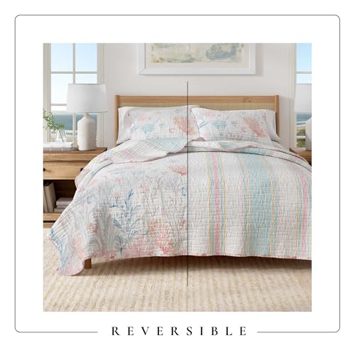 Image of Great Bay Home Coastal Quilt Set - 3-Piece Full /Queen Size Coral Bedding Set - Lightweight, All-Season, Reversible Bedspread (Coral Reef)