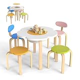 DREAMADE Kindertisch mit 4 Stühlen, Kindersitzgruppe aus Massivholz, Kindermöbel Set, Sitzgruppe für Kinder Mädchen und Jungen (Blume-Bunt)