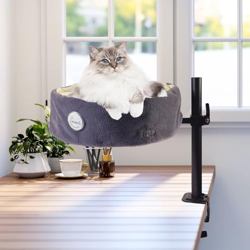Pawzentic Cat Desk Bed,Cat-Approved Colors,One-Button Lift & Rotate,Super Soft Plush Faux Fur Pet Bed for Dogs and Cats,360° Rotation,Detachable Bed for Easy Clean
