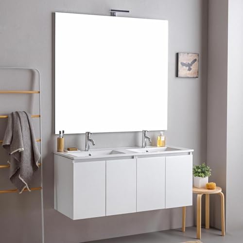 Kiamami Valentina - Meuble de Salle de Bain Suspendu 120cm Blanc avec Double Vasque et Miroir 120x110 | Bilbao