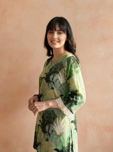 Image of Bee M Pee Designer Trendy Floral Printed Poly Rayon Cotton Kurta Coord Sets for Women | Stylish Casual Kurti Tunic Cord Set with Pant for Woman for Office