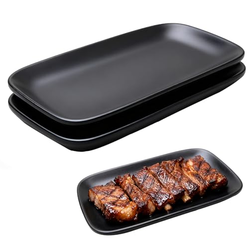 2 Pièce Assiettes Service Rectangulaires Petites Assiettes Service Assiettes Noires Mates Carrées Assiettes Petit-Déjeuner Réutilisables pour Snacks,...