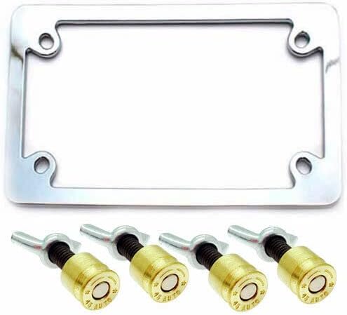Chrome License Plate Frame & 4 Real Brass 45 AUTO Bullet Shell Fastener Bolt Kit Model-PYT-8888-5083