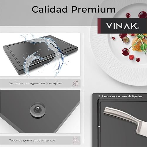 Miniatura 4 de Tabla De Corte De Cocina Con Ranura Y Tacos Antideslizantes Fabricada En Pe-Hd Resistente Y Antibacteriano Para Picar Y Cortar Todo Tipo De Alimentos 340x240x15 Mm Negro
