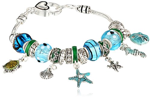 Amazon Collection Silver Tone Metal and Glass Beach Themed Bead Charm Bracelet
