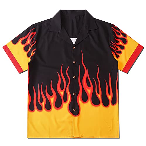 YEMOCILE Button Down Oversized Short T-Shirt for Men Women Teenagers Loose Fit Shirts with Flame Graphic