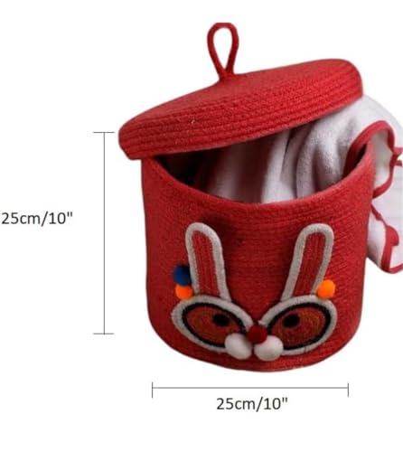 Image of Aroma Brand Kids Lid Basket with Beautiful Characters - Rope Storage Basket for Baby Diaper, Stuffed Animal Storage Bin Rope Basket for Kids Toy, Baby Laundry Baskets with Lid (Red Rabbit)
