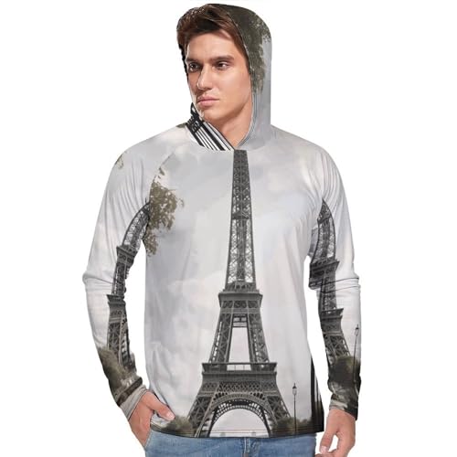 Men's Sun Shirts UPF 50+ Rash Guard Long Sleeve Sun Protection Hoodie Paris Eiffel Tower Lightweight Shirt M White2