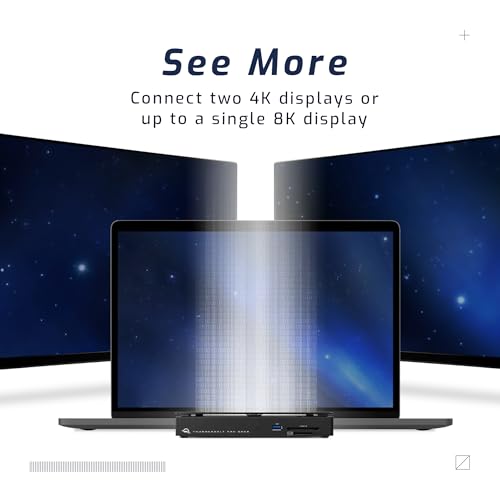 Image of OWC 10-port Thunderbolt Pro Dock, 85W charging, Dual Thunderbolt 40 Gb /s (USB-C), USB-C and (3) USB Type A 10Gb /s, DisplayPort, 10GbE, CFexpress, SD, Single 8K or Dual 6K 60Hz Displays, For Mac and PC | Dual Thunderbolt Ports, USB 3.2 Type-C, Three USB 3.2 Type-a Ports, Displayport 1.4, 10 Gigabit Ethernet, 85W Power Delivery