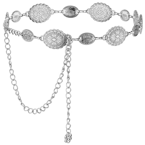 Amabro Verstellbarer Kettengürtel für Damen, Concho Western Cowgirl Bund schmaler Vintage Kleidergürtel für Konzert Outfit(Silber)