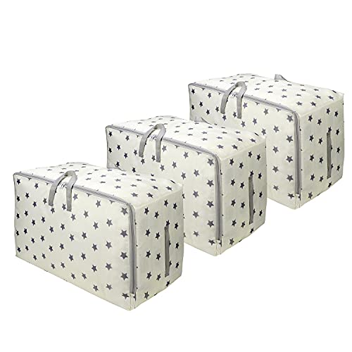 Vinsani 3pcs Clothes Storage Bags Organizer Large Capacity 105L Double Zipper, Moisture-Proof Underbed Storage Perfect Space for Clothes, Toys, Beddings, Blankets and Duvet – Cream Star