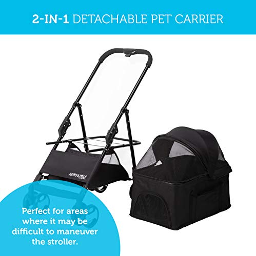 Paws & Pals Dog Stroller Easy to Walk Folding Travel Carriage for Pets & Cats with Detachable Carrier - Black - Image 5