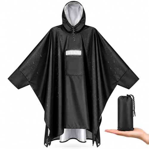 Vankarr Poncho Pluie Imperméable avec Capuche et Poche Cape de Pluie Réutilisable Poncho Légère Respirant Veste Coupe P luie avec Bande Réfléchissante Unisexe (Noir)
